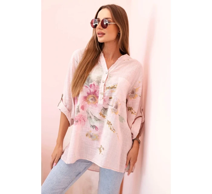 Dámská blůza z bavlny s květinovým vzorem a knoflíky pudrově růžová