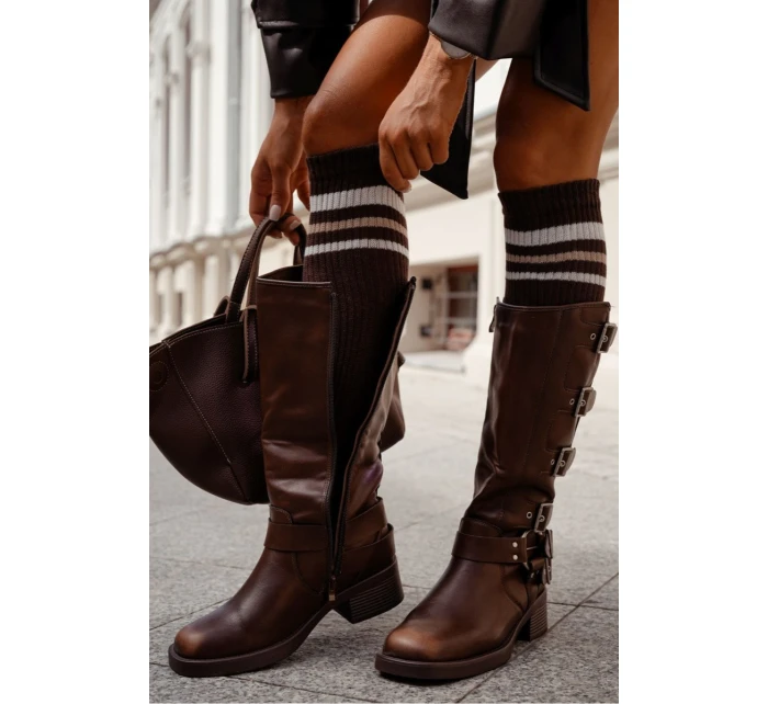 Dámské podkolenky v žebrování s proužky – čokoládové