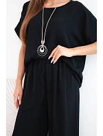 Dámský viskózový komplet halenka s krátkým rukávem a kalhoty se širokými nohavicemi černý