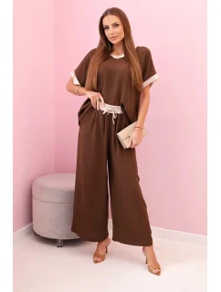 Viskózový komplet se zlatým lemováním hnědý