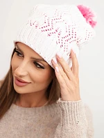 Dámská zimní čepice s vlnou v ozdobném pletení s bambulí K467 bílá + růžová