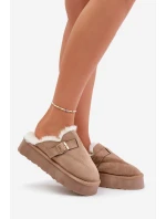 Dámské pantofle na silné podrážce s kožíškem a sponou tmavě béžové model 21677937 - Boto Dámské pantofle na silné podrážce s kožíškem a sponou tmavě béžové model 21677937 - Boto