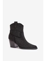 Ozdobené Kožené Botky Na Podpatku S Špičatými Nosky Černé S.Barski HY42-121