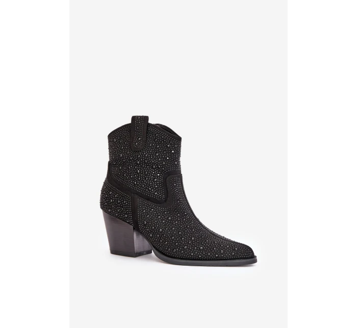 Ozdobené Kožené Botky Na Podpatku S Špičatými Nosky Černé S.Barski HY42-121