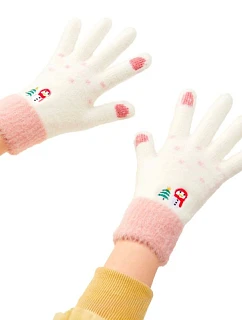 Dámské zimní rukavice na telefon se sněhulákem a vánočním stromkem - bílo-růžové dámské