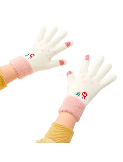 Dámské zimní rukavice na telefon se sněhulákem a vánočním stromkem - bílo-růžové dámské Dámské zimní rukavice na telefon se sněhulákem a vánočním stromkem - bílo-růžové dámské