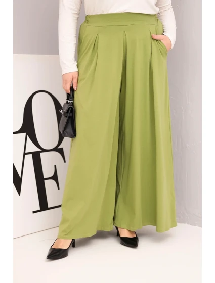 Dámské bavlněné kalhoty Plus Size s širokým střihem a volným střihem pistáciové Dámské bavlněné kalhoty Plus Size s širokým střihem a volným střihem pistáciové