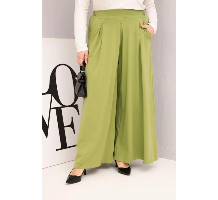 Dámské bavlněné kalhoty Plus Size s širokým střihem a volným střihem pistáciové Dámské bavlněné kalhoty Plus Size s širokým střihem a volným střihem pistáciové