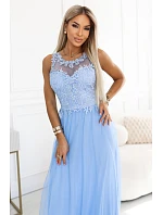 672-1 Romantické svatební maxi šaty s vyšívanou krajkou a tylem - modré 672-1 Romantické svatební maxi šaty s vyšívanou krajkou a tylem - modré