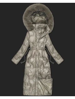 Dlouhá béžová dámská prošívaná zimní bunda (T2-2221#-62)