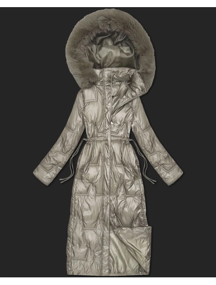 Dlouhá béžová dámská prošívaná zimní bunda (T2-2221#-62)