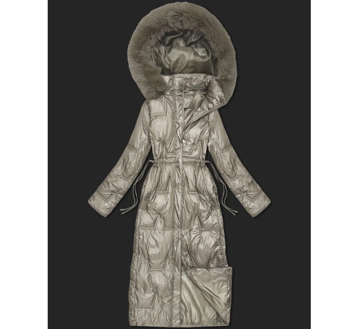 Dlouhá béžová dámská prošívaná zimní bunda (T2-2221#-62)