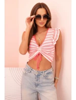 Dámská pruhovaná blůza s nařasením a volánky neonově růžová Dámská pruhovaná blůza s nařasením a volánky neonově růžová