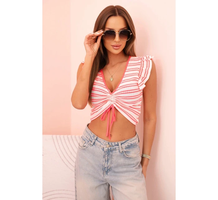 Dámská pruhovaná blůza s nařasením a volánky neonově růžová Dámská pruhovaná blůza s nařasením a volánky neonově růžová