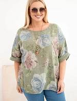 Dámská bavlněná halenka Plus Size s krátkým rukávem a květinovým vzorem khaki