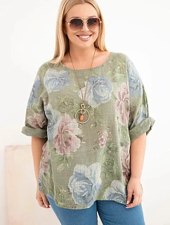 Dámská bavlněná halenka Plus Size s krátkým rukávem a květinovým vzorem khaki
