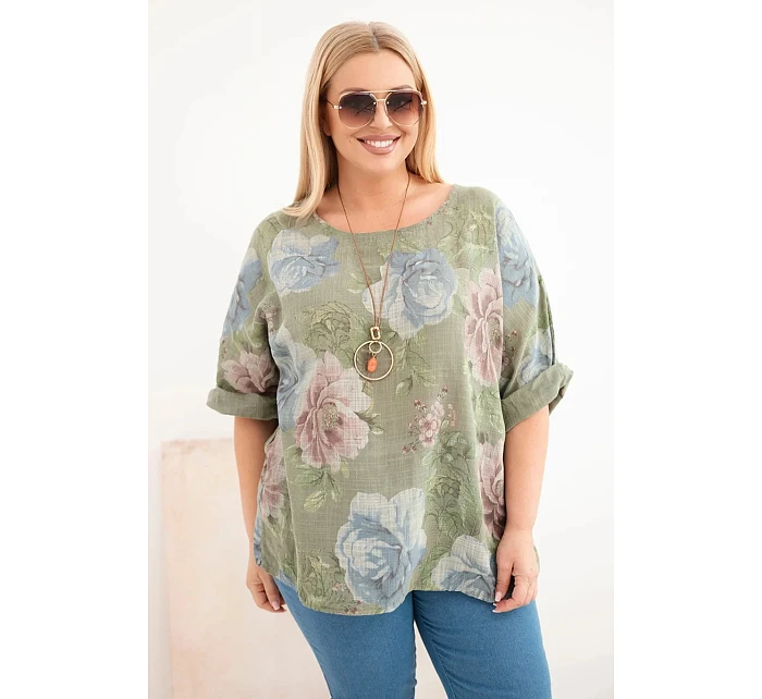 Dámská bavlněná halenka Plus Size s krátkým rukávem a květinovým vzorem khaki
