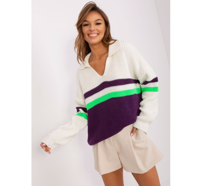 Ecru-tmavě fialový oversize svetr s vlnou