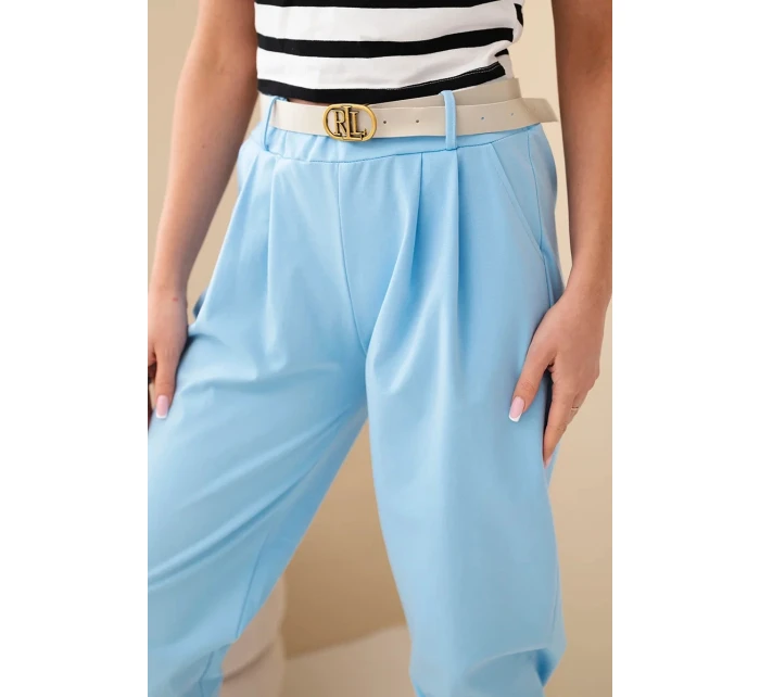 Dámské bavlněné kalhoty s vysokým pasem a páskem modré Dámské bavlněné kalhoty s vysokým pasem a páskem modré