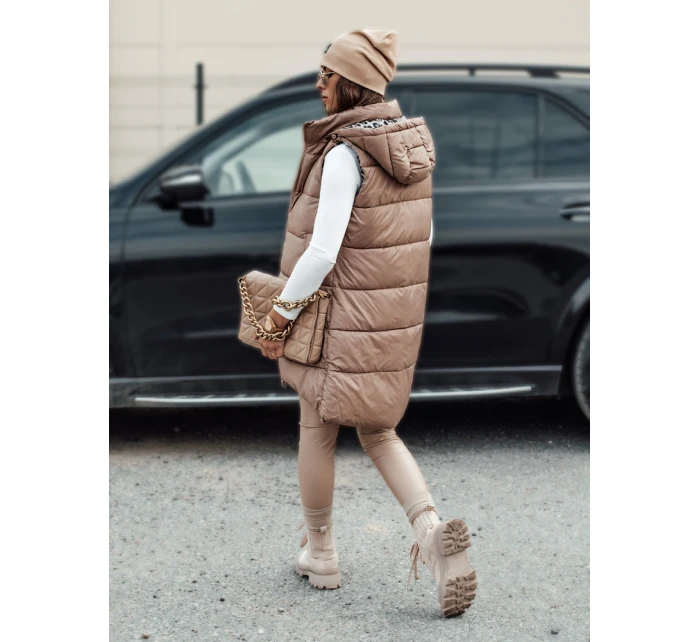 Dámská přechodná prošívaná vesta ELEGANCIO s kapucí oboustranná velbloudí FashionStreet TY4656