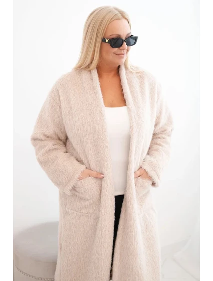 Dámský kabát Plus Size z viskózy bez zapínání s kapsami béžový Dámský kabát Plus Size z viskózy bez zapínání s kapsami béžový