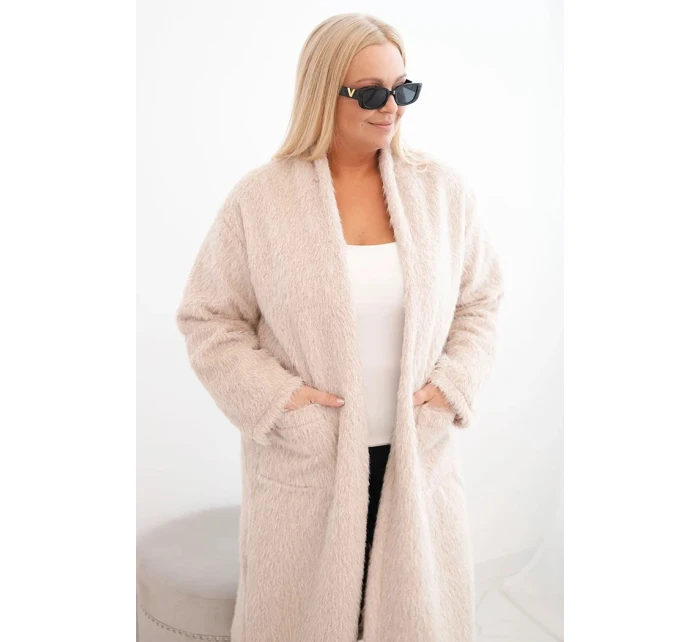 Dámský kabát Plus Size z viskózy bez zapínání s kapsami béžový Dámský kabát Plus Size z viskózy bez zapínání s kapsami béžový