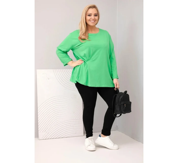 Dámská blůza plus size s bavlnou a dlouhým rukávem a nařasením světle zelená