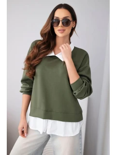 Dámská máslová mikina z viskózy s košilovou vsadkou khaki