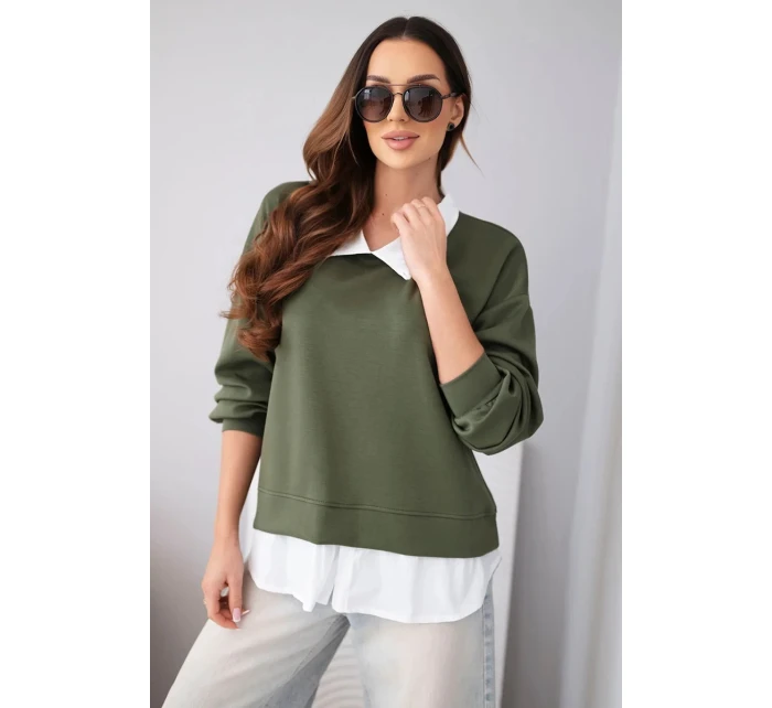 Dámská máslová mikina z viskózy s model 22014161 vsadkou khaki - K-Fashion