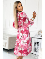 CARLA - Plisované dámské midi šaty s knoflíčky, dlouhými rukávy a se vzorem tmavě růžových květů na bílém pozadí 449-5