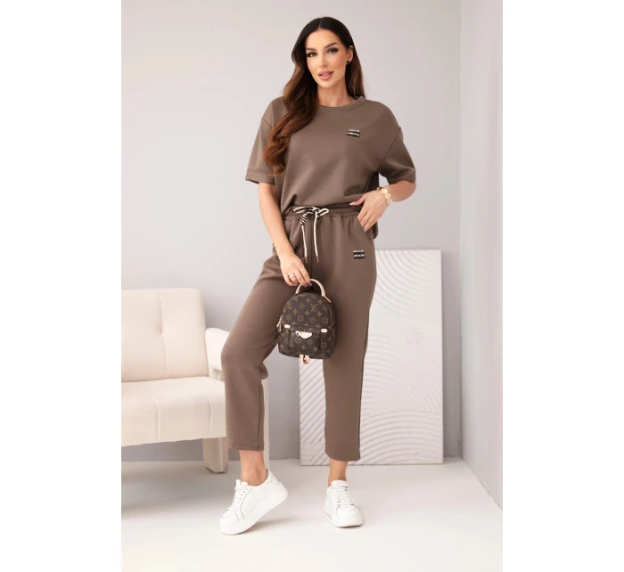 Dámský viskózový s krátkým rukávem a kalhotami s ohrnutým lemem mocca model 22010162 - K-Fashion