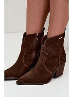 Dámské zateplené kožené kozačky na podpatku Big Star model 22349486 Hnědé - Big Star Shoes Dámské zateplené kožené kozačky na podpatku Big Star model 22349486 Hnědé - Big Star Shoes