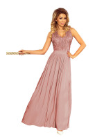 Dlouhé dámské šaty v barvě taupe bez s vyšívaným výstřihem model 7673104 - numoco