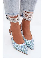 Ozdobené dámské sandály na jehlovém podpatku s květinovým vzorem modré model 22103131 - Boto