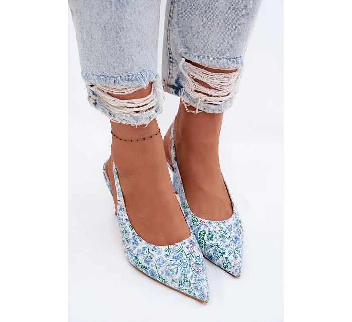 Ozdobené dámské sandály na jehlovém podpatku s květinovým vzorem modré model 22103131 - Boto