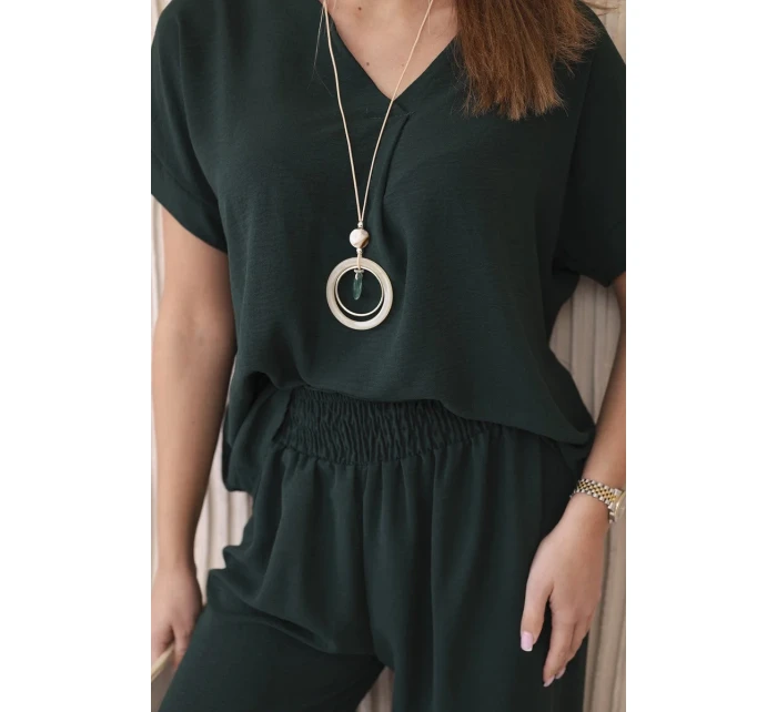 Komplet s náhrdelníkem halenka + kalhoty tmavě zelená