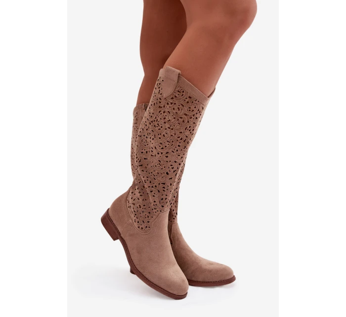 Dámské perforované vysoké kozačky na nízkém podpatku S.Barski HY61-8023 Béžové