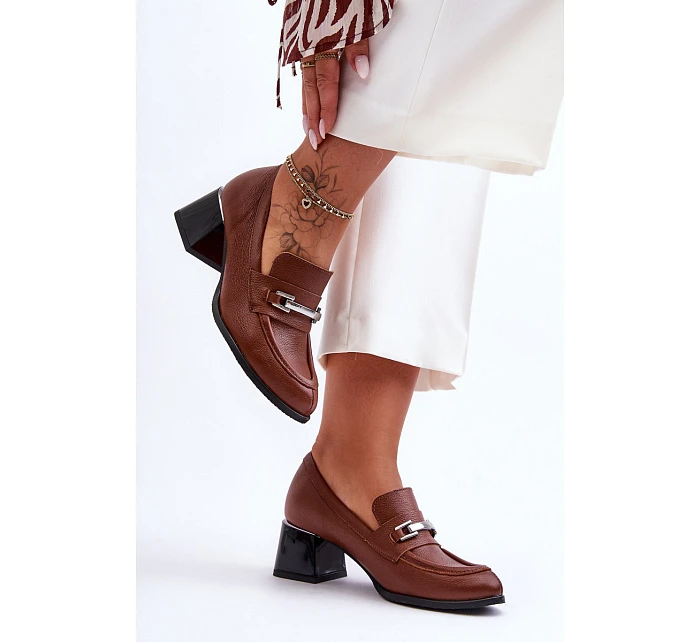 Dámské kožené poloboty na sloupek podpatku 20111 Hnědá s černou - Step in Style