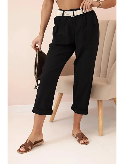 Dámské model 21035575 kalhoty s bavlnou a páskem černé - K-Fashion Dámské model 21035575 kalhoty s bavlnou a páskem černé - K-Fashion
