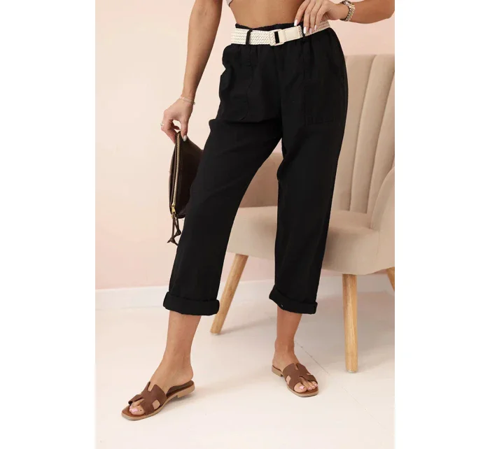 Dámské lněné kalhoty s bavlnou a páskem černé