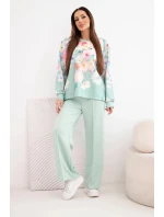 Dámský máslový viskózový komplet s květinami s širokou nohavicí tmavě mátová
