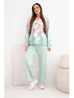 Dámský máslový viskózový komplet s květinami s širokou nohavicí tmavě mátová