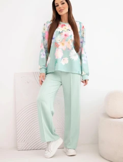 Dámský máslový viskózový komplet s květinami s širokou nohavicí tmavě mátová
