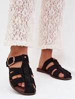 Dámské ploché nazouváky s pásky a zlatým přezkou Černé Elzora