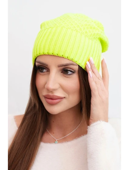 Dámská zimní čepice z vlny s dvojitým ohrnutým lemem model 21866348 neonově žlutá - K-Fashion