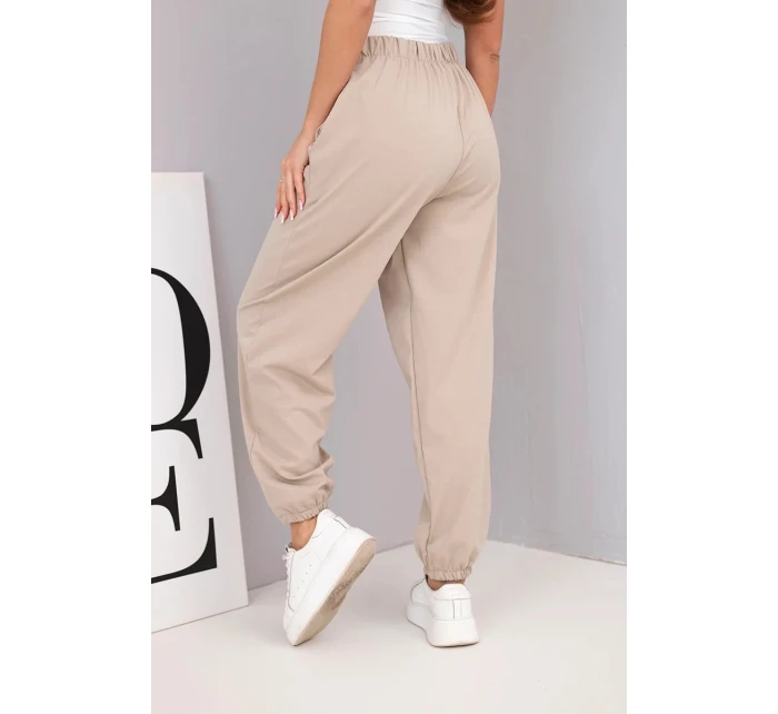 Dámské bavlněné kalhoty s vysokým pasem a ozdobným knoflíkem béžové