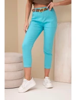 Dámské jarní kalhoty Boyfriend s vysokým pasem a páskem model 21951874 tyrkysové - K-Fashion