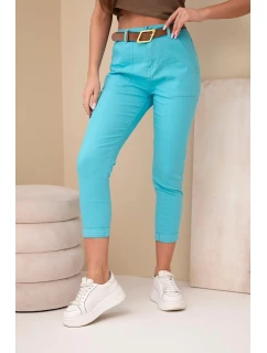 Dámské jarní kalhoty Boyfriend s vysokým pasem a páskem model 21951874 tyrkysové - K-Fashion
