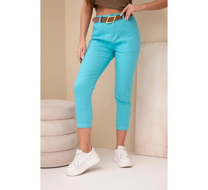 Dámské jarní kalhoty Boyfriend s vysokým pasem a páskem model 21951874 tyrkysové - K-Fashion