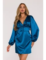 Saténové mini šaty s rukávy  modré model 21479307 - Moe